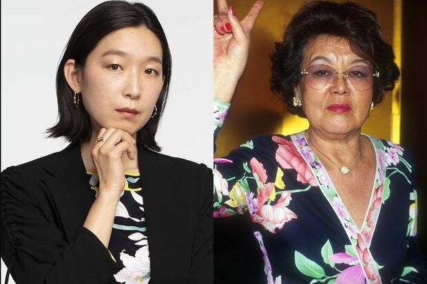 黒のジャケットを重ねて派手さを少し抑えた江口のりこ（『ドラゴン桜』インスタより）、花柄のワンピースを纏う野村沙知代さん