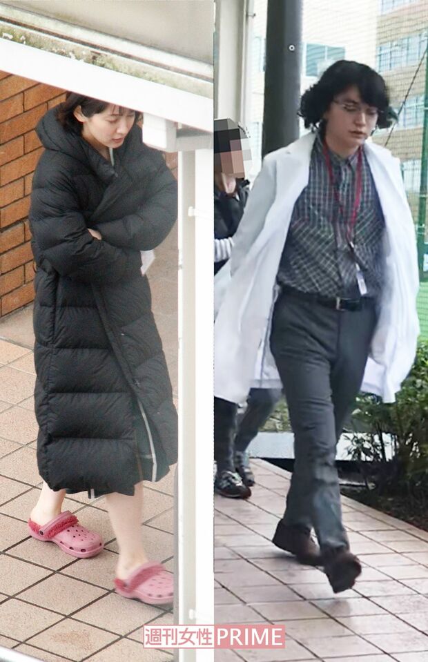 （左）春の設定のため薄着の吉岡里帆は終始ダウンジャケットを着用（右）衣装の白衣で現場に入る研究者役の染谷