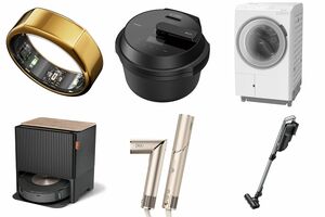 （左上から時計回りに）オーラリング第3世代ヘリテージ、オートクッカービストロNF-AC1000、ビッグドラムBD-STX130J、ラクティブエアEC-KR1、シャークフレックススタイル、掃除機&床拭きロボットルンバコンボj9＋