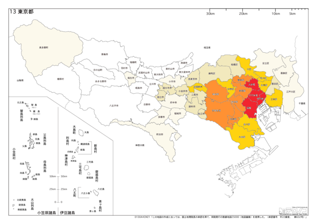 東京都の進学率ランキング。地区別に色を塗り分けており、色が薄くなるにつれて進学率が低い（筆者作成）