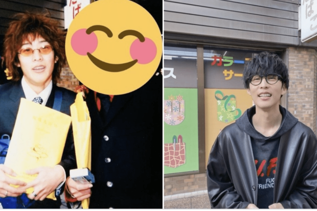 成人式のときに撮った写真（左）と、43歳になって同じ場所で撮った写真（右）をアップした大石昌良（Xより）