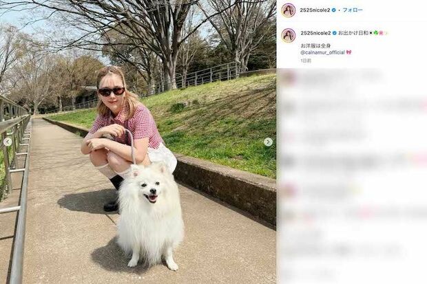 愛犬との散歩ショットを披露した藤田ニコル。丈の短いバルーンスカートで大胆に太ももを露出(本人のインスタグラムより)