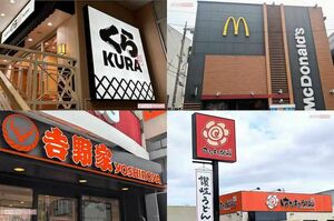左上から時計回りにくら寿司、マクドナルド、はなまるうどん、吉野家