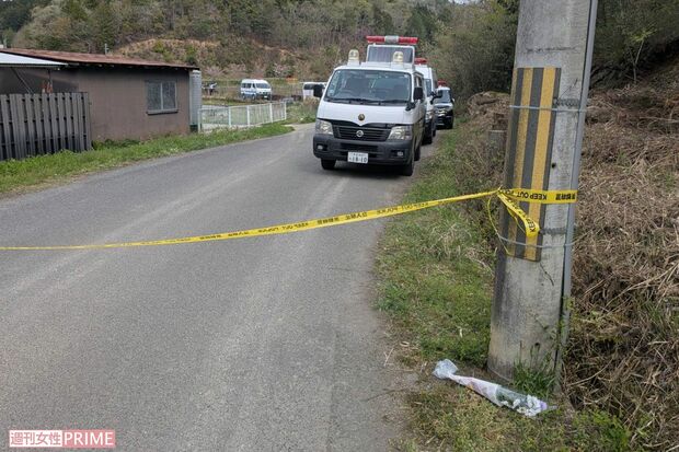 《京都小6男児行方不明事件》遺体現場へ続く道に置かれた献花。安達結希くんが可愛がっていたハチのご主人が手向けたという