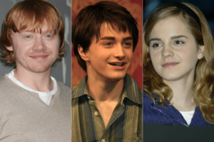 映画『ハリー・ポッター』シリーズでハリー・ポッターを演じたダニエル・ラドクリフ、ハーマイオニー・グレンジャーを演じたエマ・ワトソン、ロン・ウィーズリーを演じたルパート・グリント