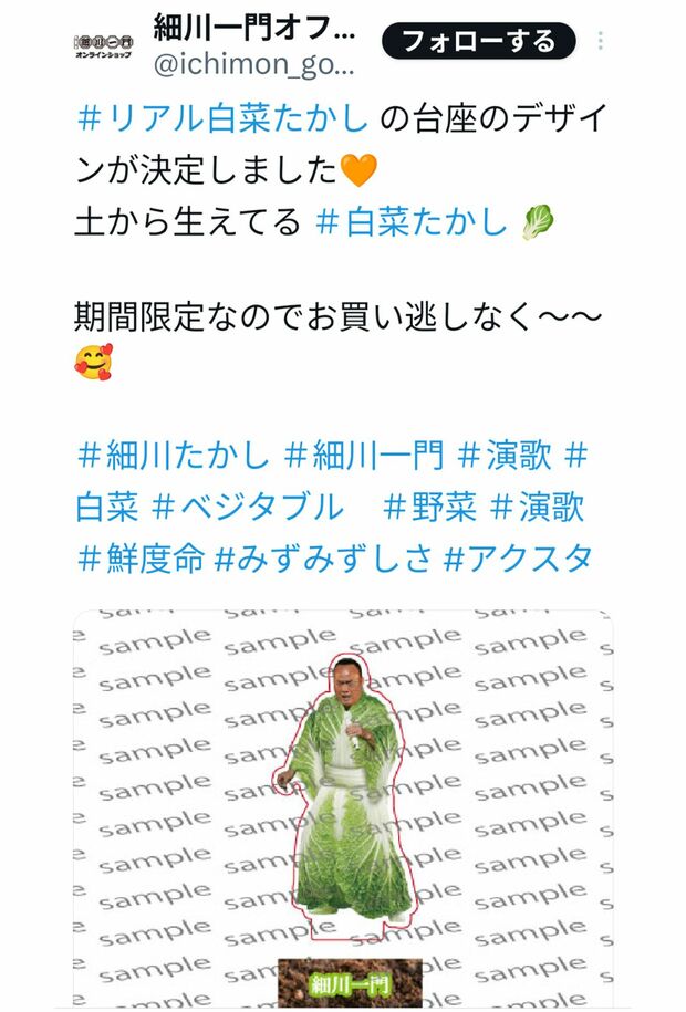 細川たかしのアクスタ「白菜たかし」（細川一門の公式Xより）