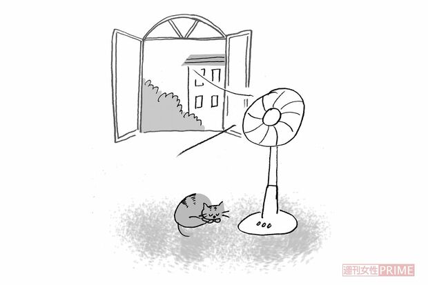 扇風機は開けた窓に向けて風を送る　イラスト／やのひろこ　
