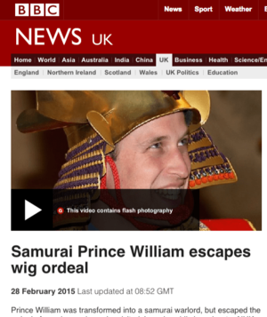 2月28日に更新されたBBCニュースより。見出しは《サムライに扮したウィリアム王子、かつらをかぶる体験を回避》