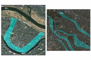 東京都板橋区浮間船渡付近（写真左）と井の頭公園付近（同右）。雨で水没する可能性のある部分を水色にしている（提供：高橋教授）