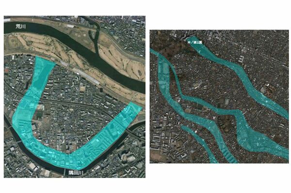 東京都板橋区浮間船渡付近（写真左）と井の頭公園付近（同右）。雨で水没する可能性のある部分を水色にしている（提供：高橋教授）