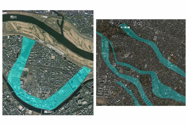 東京都板橋区浮間船渡付近（写真左）と井の頭公園付近（同右）。雨で水没する可能性のある部分を水色にしている（提供：高橋教授）