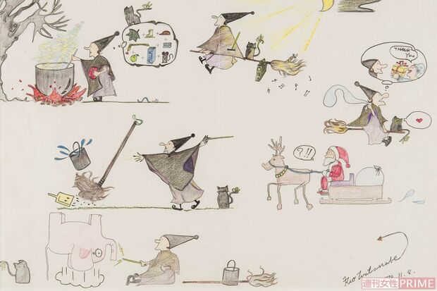 娘のリオさんが12歳で描いた「魔女」の絵。ほうきの上には黒猫の姿も