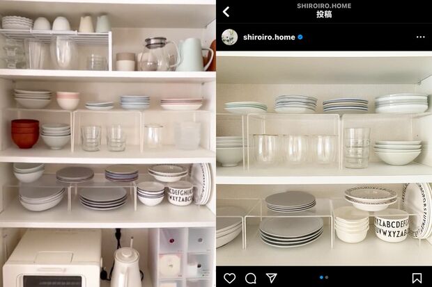 食器はアクリル棚を使って重ね過ぎず、片手で取り出せることを重視