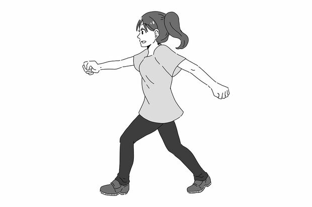 （１）幅広歩行　いつもより大股（10cm程度を意識）で歩くイラスト／小野りひと
