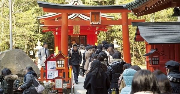  箱根神社の境内に鎮座する九頭龍神社新宮。箱根神社との両社参りで、箱根大神様と九頭龍大神様からいっそうの御神徳をいただきましょう。