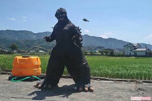 佐々木さんの倉庫にあったゴジラとモスラ。義理の父親がペットボトルから造ったもので、ゴジラは高さ3m近く。町の名物にもなっている