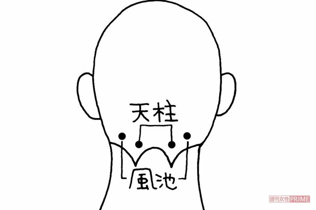 風池（ふうち）「天柱」の外側にあるくぼみで、押すとツーンと痛みを感じるところ。イラスト／水口アツコ