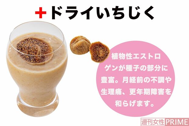 ＋ドライいちじく　植物性エストロゲンが種子の部分に豊富。月経前の不調や生理痛、更年期障害をやわらげます。　撮影／廣瀬靖士