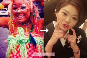 原色大好きだったあぢゃ（左）も、いまでは黒い着物が似合うしっぽり美女（右）に。でも下着は原色派♪