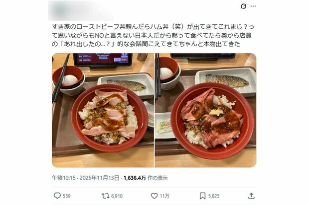 見た目が違いすぎると指摘された『すき家』のローストビーフ丼（拡散された投稿より）