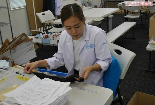 1・届いたレターパックなどを事務局のスタッフが開封し、髪の毛の長さや状態をチェック