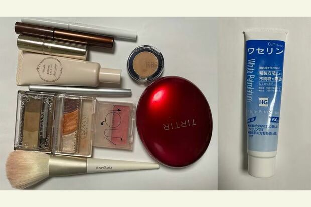 
ふゆこさんが愛用するプチプラ化粧品。化粧水や美容液は右のワセリン（400円）のみと話す（写真：ふゆこさん提供）

