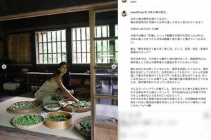 真剣な表情で梅干し作りの作業をしているローラ。《中国さんありがとう》と梅の歴史についても綴っている(本人のインスタグラムより)