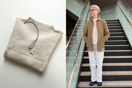 インナーは鹿の子編みのボトルネックのニット。オフ白の優しい色みが好きでよく着ています