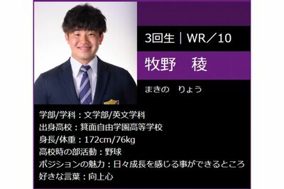 牧野稜容疑者（アメフト部HPより）