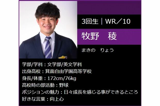 牧野稜容疑者（アメフト部HPより）