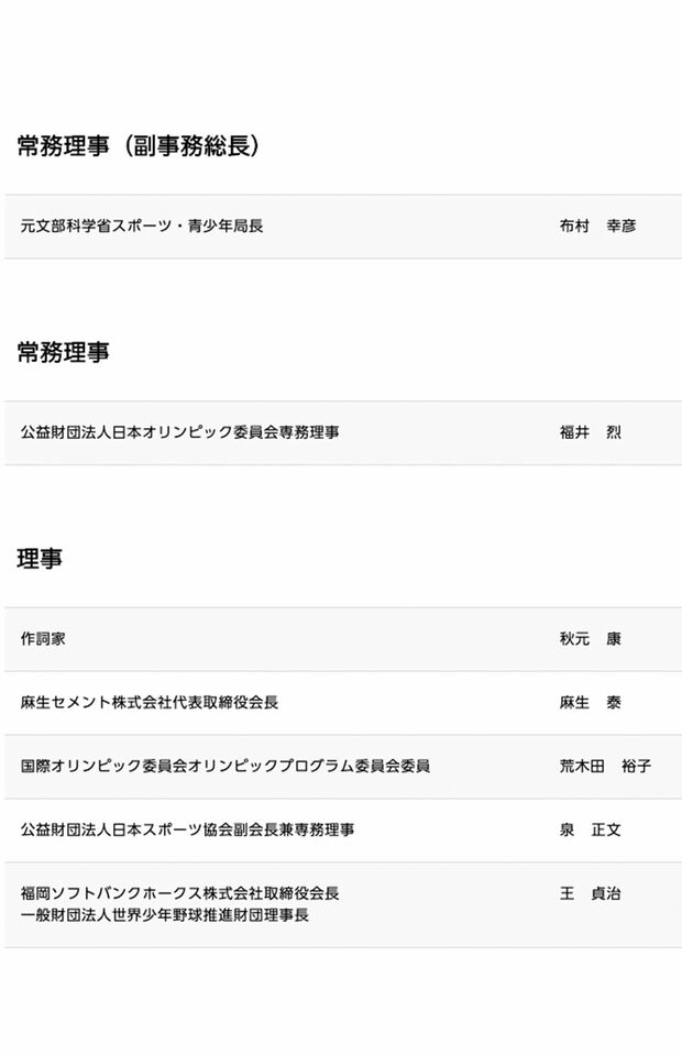 組織員会の役員一覧（『東京2020組織委員会』HPより）