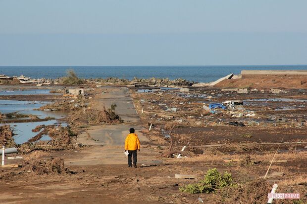 約1800世帯が壊滅した福島県南相馬市。防波堤が決壊した小高町は集落がまるごとなくなっていた（2011年3月12日）