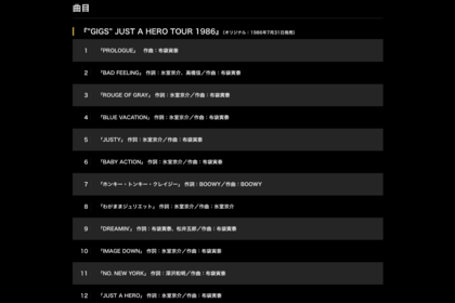 BOOWY『“GIGS”JUSTAHEROTOUR1986』40THの曲目（ユニバーサルミュージックジャパンより）