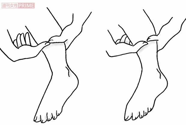 【むこうずねもしっかりほぐす】1.すねの横を下から上に押しもみ（画像左）　2.すぐ横のラインも下から上に押しもみ（同右）　イラスト／赤松かおり