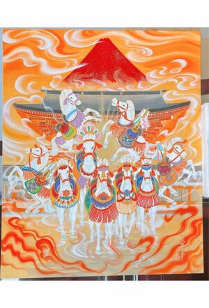 タイトル赤富士に九頭の神馬（うまくいく）