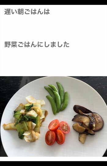 《野菜ごはん》と題した朝食は、彩り豊かではあるが……（松居のブログより）