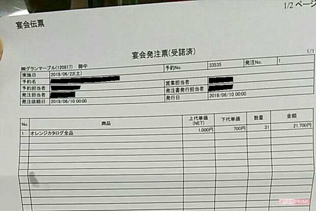 招待客には返礼品としてパンケーキを渡したが、中に発注書（写真はその一部）が入っているミスも