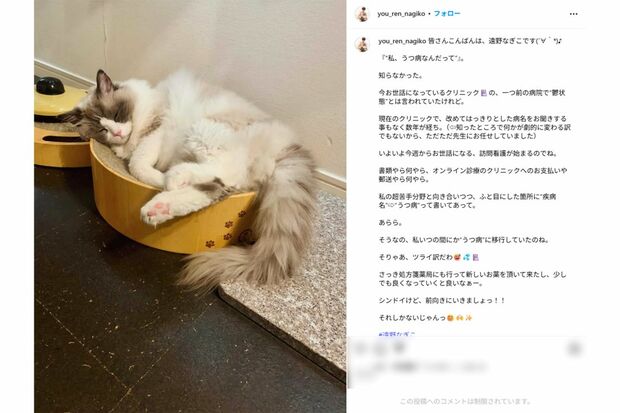 6月26日の投稿では「うつ病」を患っていることを明かしていた(遠野なぎこさんインスタグラムより)