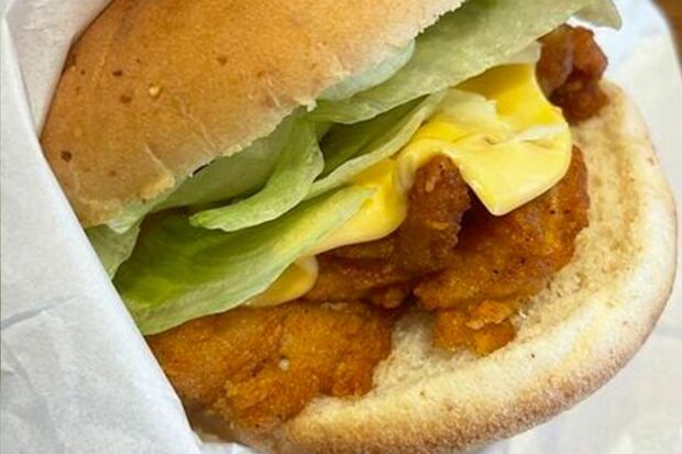 ケンタッキー・フライド・チキンのチーズチキンフィレバーガー（420円）。ケンタッキー・フライド・チキンならではのハーブを生かしたフライドチキンテイスト。チキンの熱でチーズがとろとろにとろけていき、時間とともにおいしさに変化が出る（筆者撮影／東洋経済オンライン）