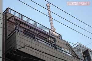 飲み会会場となった民泊施設。裏には東京スカイツリーが見える