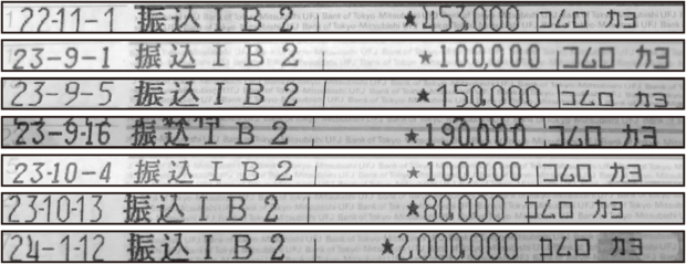 竹田さんが佳代さんに送金した際の振り込み記録。今回の文書で“入学祝い”とされた45万3000円の履歴も