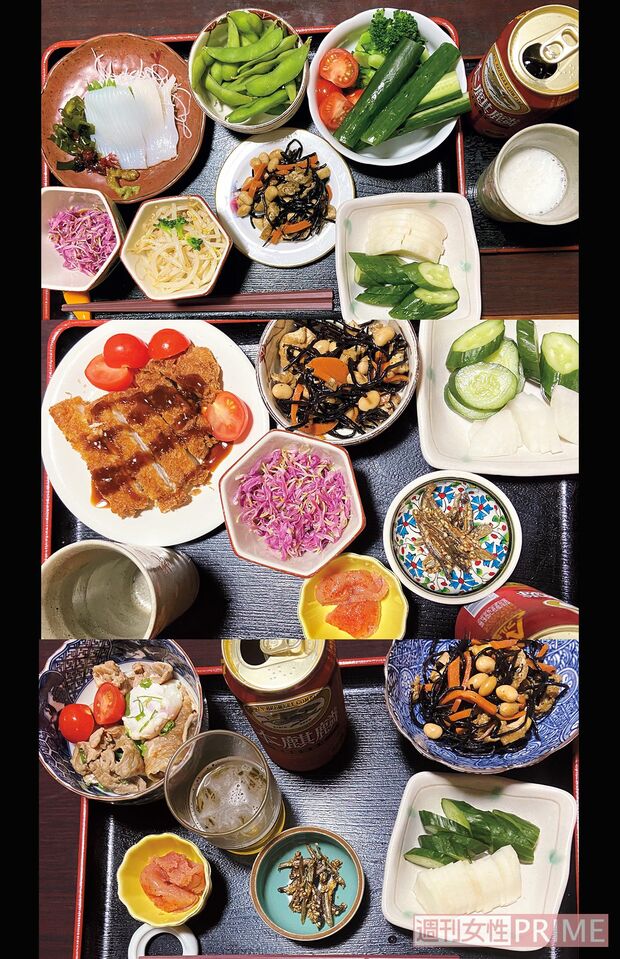 小皿にちょこちょこのせて、お盆に並べる。「少しずつ、でもたくさん野菜をとるの。揚げものは家で揚げずに外で買います」