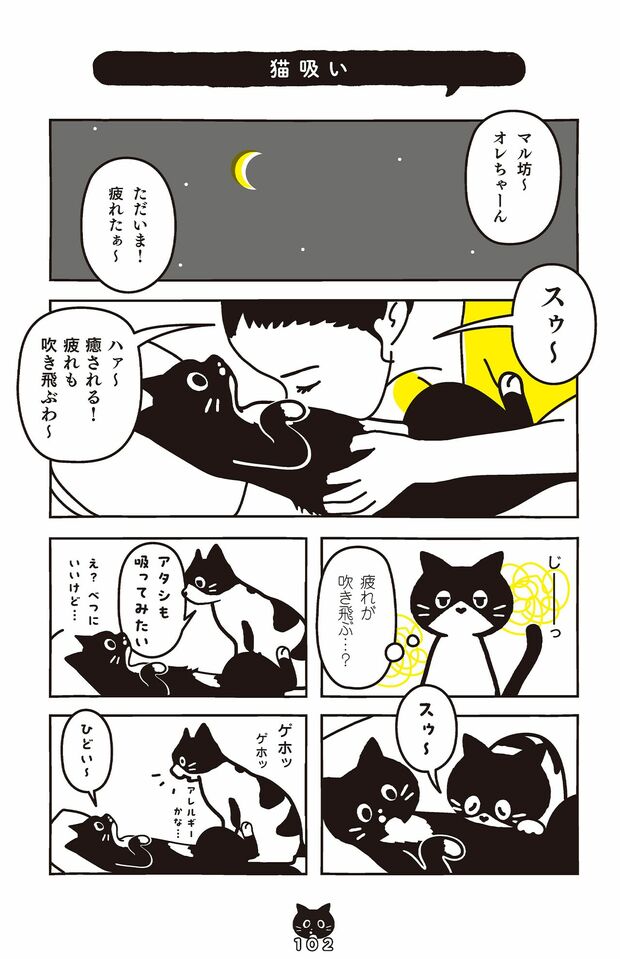 疲れたお母さんはマル坊の胸にダイブ! 猫吸いで活力を得るのだった