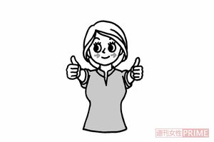 小脳トレーニング【1】両腕を真っすぐ前に伸ばし、両手の親指を立てる。【2】頭は動かさずに目だけを動かして、左右の親指を交互に見る。これを10往復行う。　イラスト／幸内あけみ