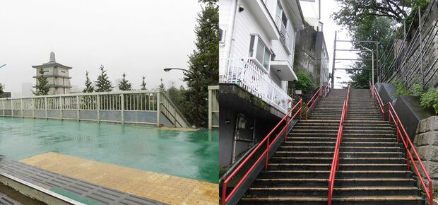 （左）主人公が佇む信濃町駅近くの歩道橋（右）劇中終盤に出てくる四谷の須賀神社