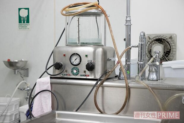 体内に薬液を注入しながら血液を排出させる装置。エンバーミングに欠かせない工程の1つだ　撮影／齋藤周造