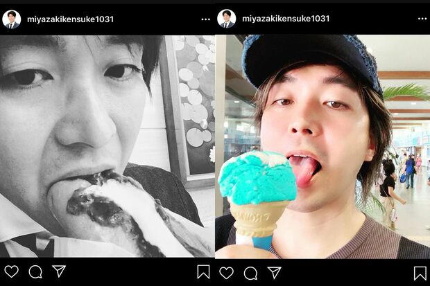 “食べる瞬間”の写真をアップする宮崎謙介（インスタグラムより）
