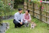 写真／宮内庁  東宮御所のバラが咲くお庭で愛犬の由莉と
