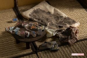 茶色の汚れは体液、周囲にはゴミが散らばっている（小島美羽さん作）撮影／齋藤周造