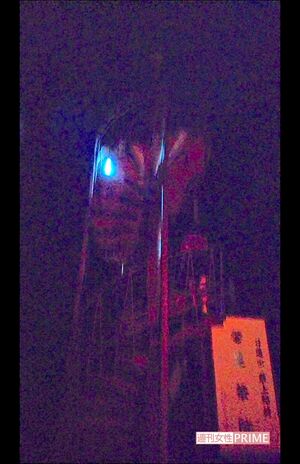 夜の螺旋階段に何やら人影が……。アップして見ると、女性らしき後ろ姿。階段を上っているのか、つるされているのか。ここは立ち入り禁止で、誰も入っていないことは確かだったという